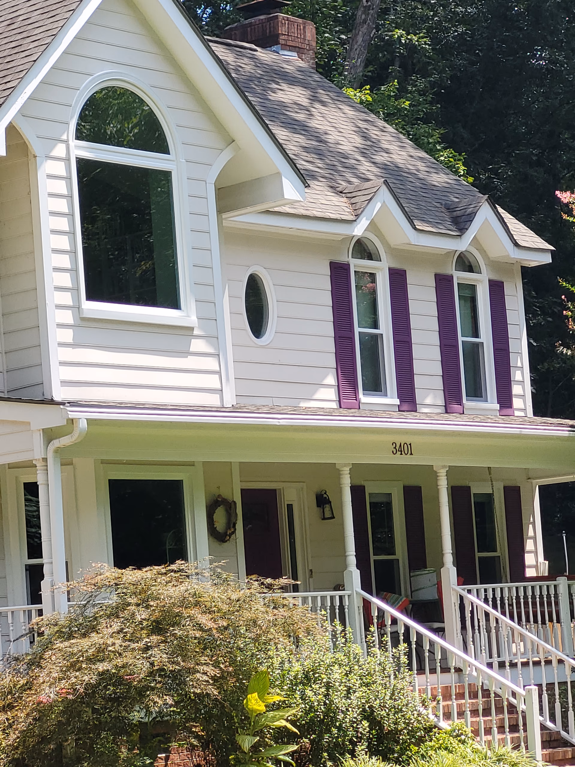 Craftsman Cottage Arched Oval Windows Purple Shutters
