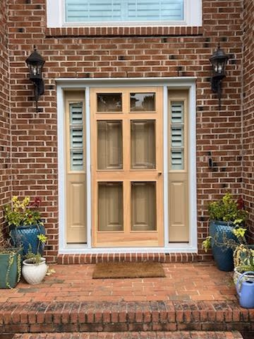 Natural Wood Storm Door Sidelights Brick Entry