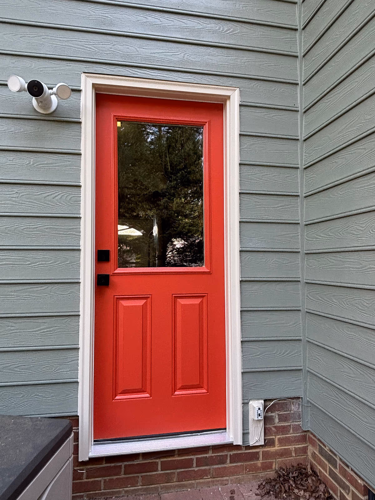 Red Half Glass Entry Door Gray Siding