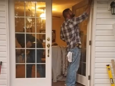 Technician Hanging French Door Exterior