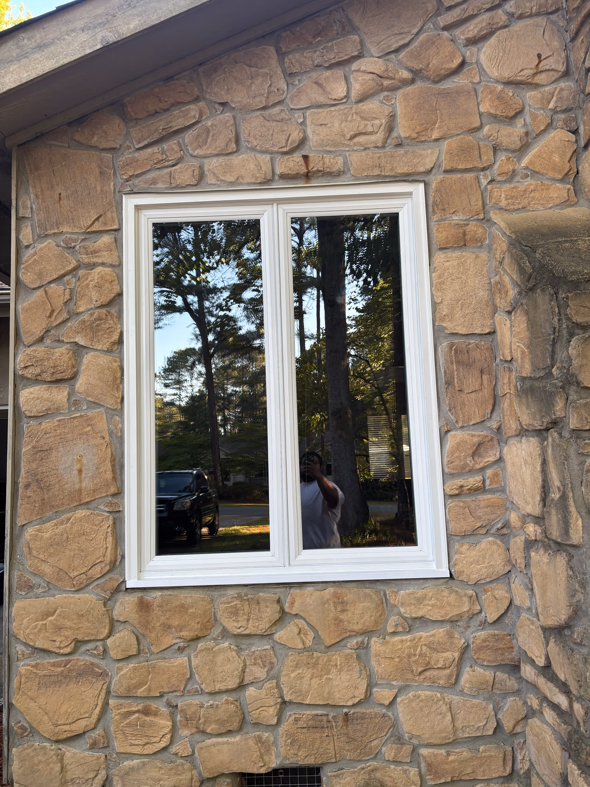 White Double Casement Window Stone Exterior
