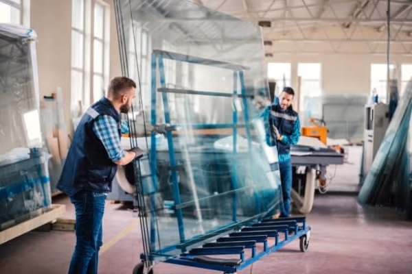 Workers Moving Glass Panels Warehouse